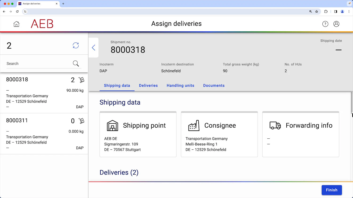 screenshot of AEB Shipping